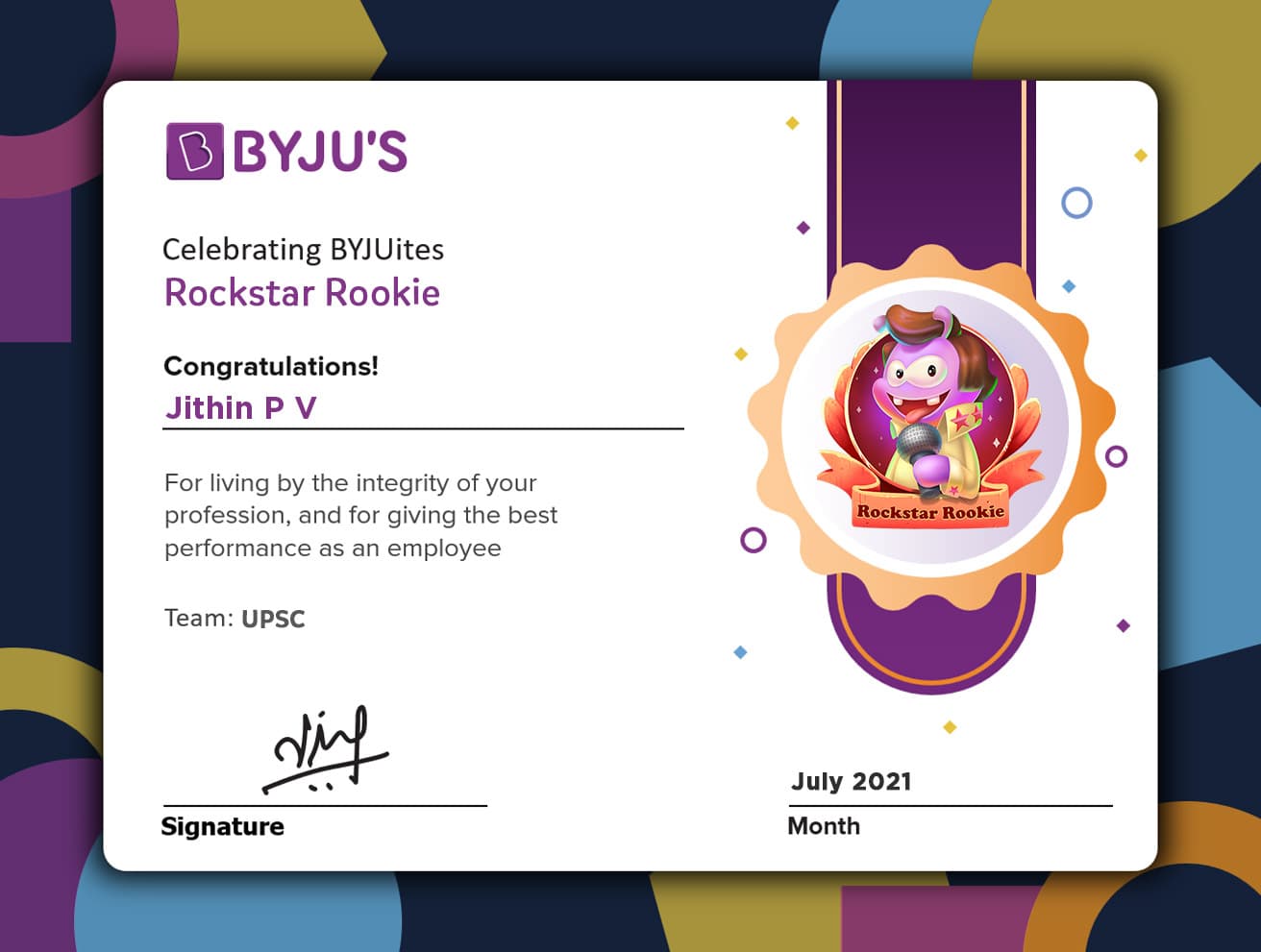 Rockstar Rookie certificate